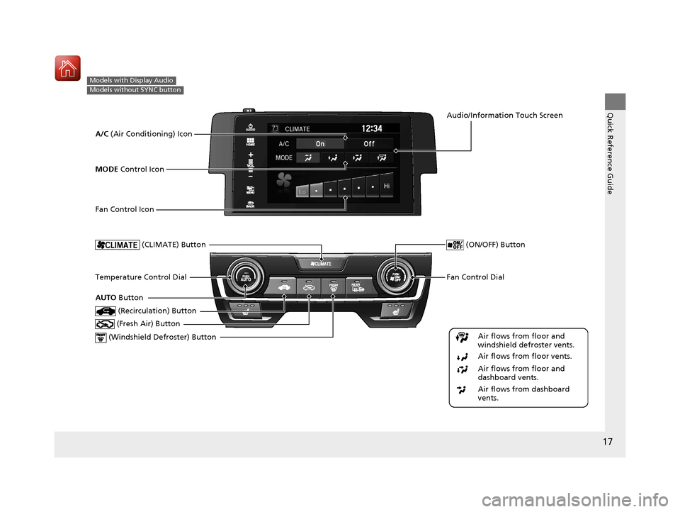 HONDA CIVIC HATCHBACK 2017 10.G User Guide 17
Quick Reference Guide
Models with Display Audio
Models without SYNC button
Fan Control Dial
 (Windshield De froster) ButtonTemperature Control Dial
Air flows from floor and 
windshield defroster ve