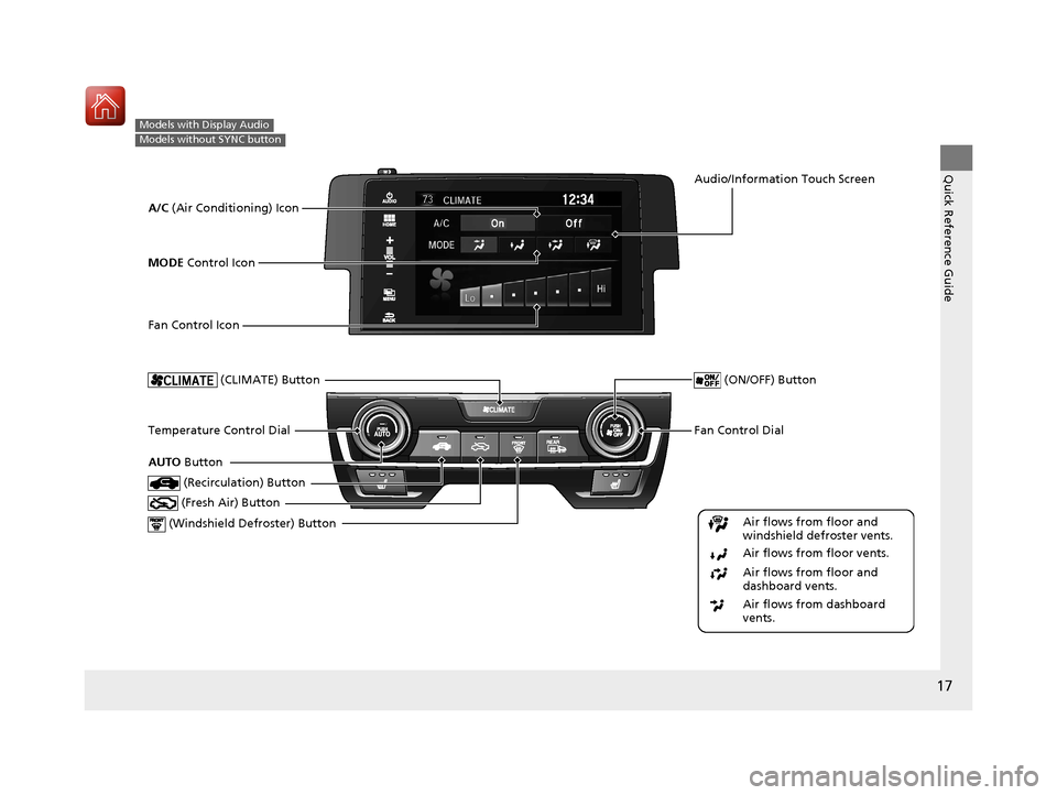 HONDA CIVIC HATCHBACK 2017 10.G Owners Manual 17
Quick Reference Guide
Models with Display Audio
Models without SYNC button
Fan Control Dial
 (Windshield De froster) ButtonTemperature Control Dial
Air flows from floor and 
windshield defroster ve