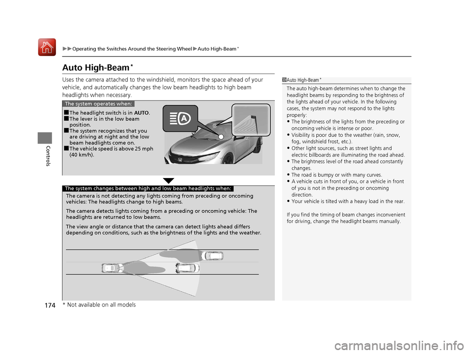 HONDA CIVIC HATCHBACK 2017 10.G Owners Manual 174
uuOperating the Switches Around the Steering Wheel uAuto High-Beam*
Controls
Auto High-Beam*
Uses the camera attached to the windsh ield, monitors the space ahead of your 
vehicle, and automatical
