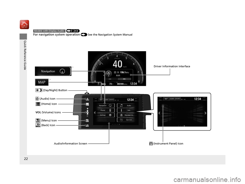 HONDA CIVIC HATCHBACK 2017 10.G Owners Manual 22
Quick Reference Guide
�.�F�O�V
 (P 243)
For navigation system operation () See the Navigation System Manual
Models with Display Audio
 (Menu) Icon
VOL (Volume) Icons
 (Home) Icon
 (Back) Icon
Audio