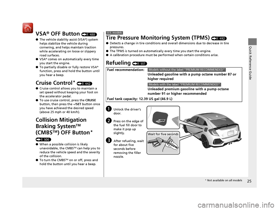 HONDA CIVIC HATCHBACK 2017 10.G Owners Manual 25
Quick Reference Guide
VSA® OFF Button (P 488)
● The vehicle stability assist (VSA® ) system 
helps stabilize the vehicle during 
cornering, and helps maintain traction 
while accelerating on lo