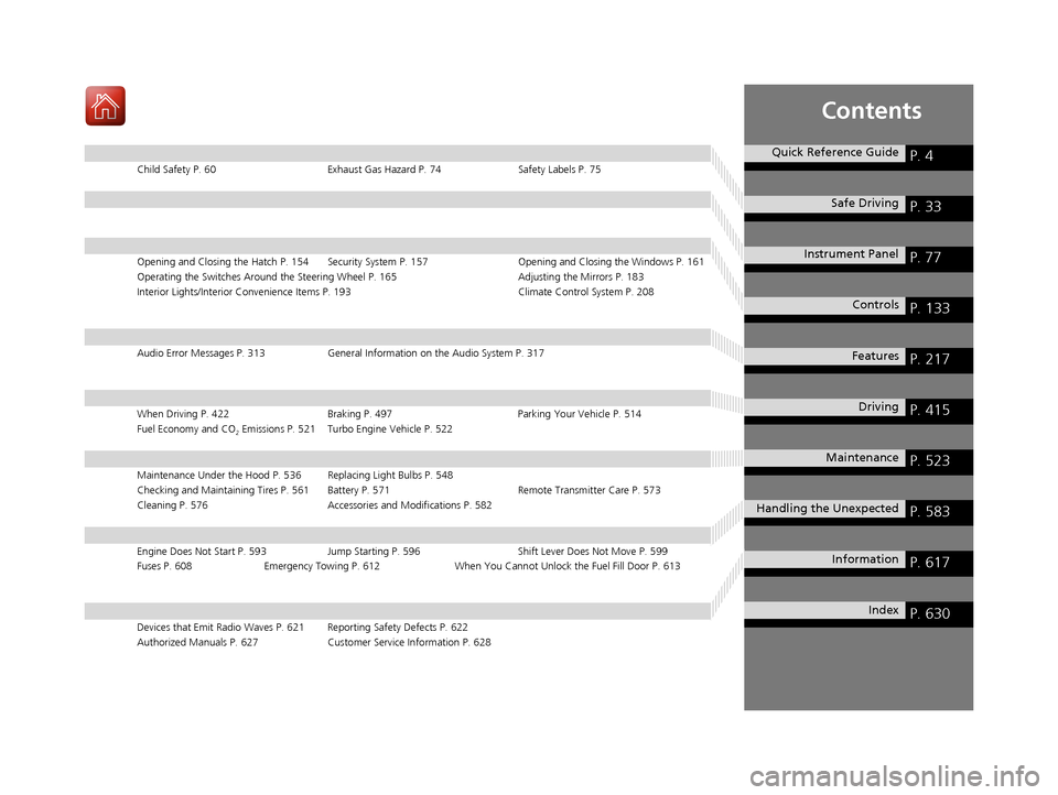 HONDA CIVIC HATCHBACK 2017 10.G Owners Manual Contents
Child Safety P. 60Exhaust Gas Hazard P. 74Safety Labels P. 75
Opening and Closing the Hatch P. 154 Security System P. 157 Opening and Closing the Windows P. 161
Operating the Switches Around 