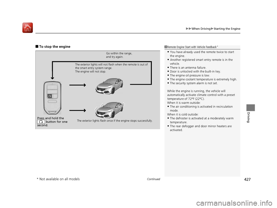 HONDA CIVIC HATCHBACK 2017 10.G Owners Manual Continued427
uuWhen Driving uStarting the Engine
Driving
■To stop the engine1Remote Engine Start with Vehicle Feedback*
•You have already used the remote twice to start 
the engine.
•Another reg