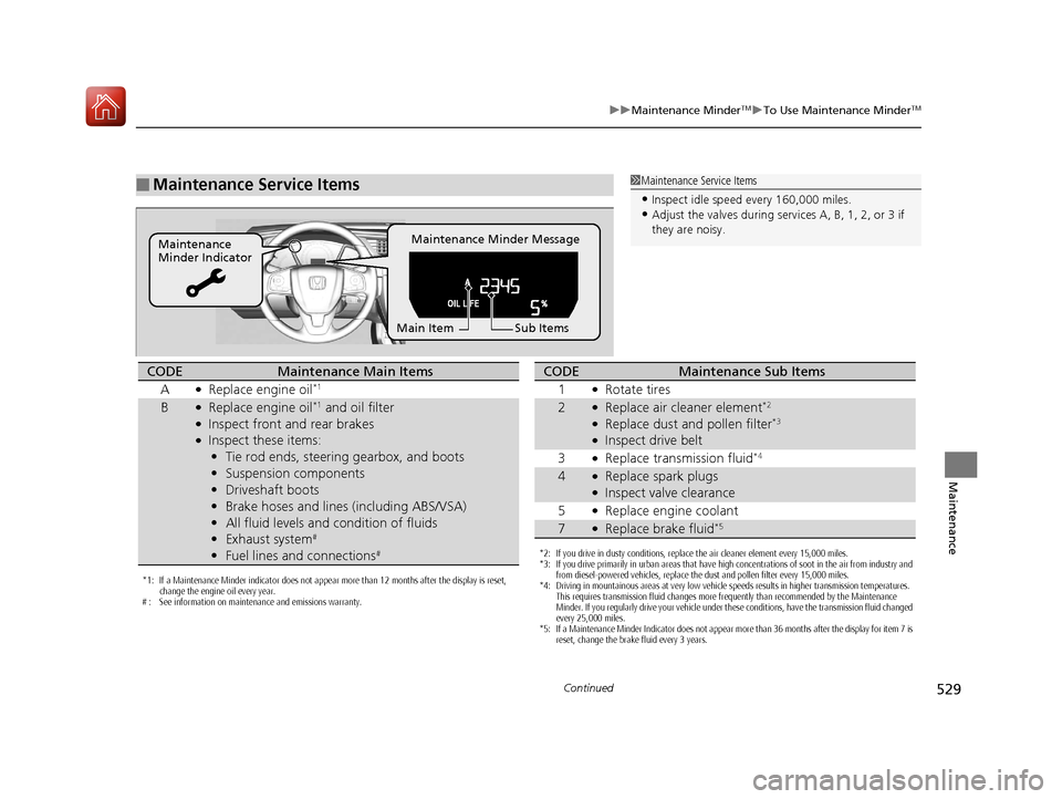 HONDA CIVIC HATCHBACK 2017 10.G Owners Manual 529
uuMaintenance MinderTMuTo Use Maintenance MinderTM
Continued
Maintenance
■Maintenance Service Items1Maintenance Service Items
•Inspect idle speed every 160,000 miles.•Adjust the valves durin