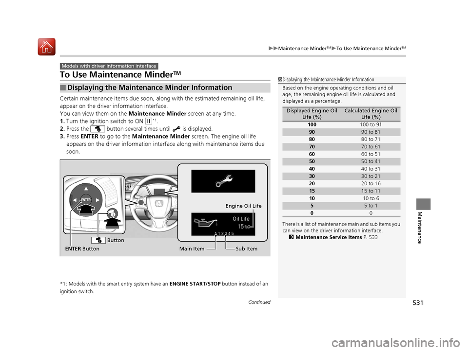 HONDA CIVIC HATCHBACK 2017 10.G Owners Manual 531
uuMaintenance MinderTMuTo Use Maintenance MinderTM
Continued
Maintenance
To Use Maintenance MinderTM
Certain maintenance items due soon, along with the estimated remaining oil life,
appear on th HONDA CIVIC HATCHBACK 2017 10.G Owners Manual 531
uuMaintenance MinderTMuTo Use Maintenance MinderTM
Continued
Maintenance
To Use Maintenance MinderTM
Certain maintenance items due soon, along with the estimated remaining oil life,
appear on th