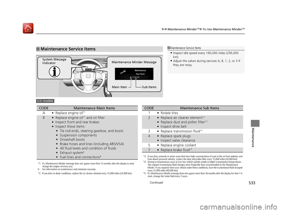 HONDA CIVIC HATCHBACK 2017 10.G Owners Manual 533
uuMaintenance MinderTMuTo Use Maintenance MinderTM
Continued
Maintenance
■Maintenance Service Items1Maintenance Service Items
•Inspect idle speed every 160,000 miles (256,000 
km).
•Adjust t