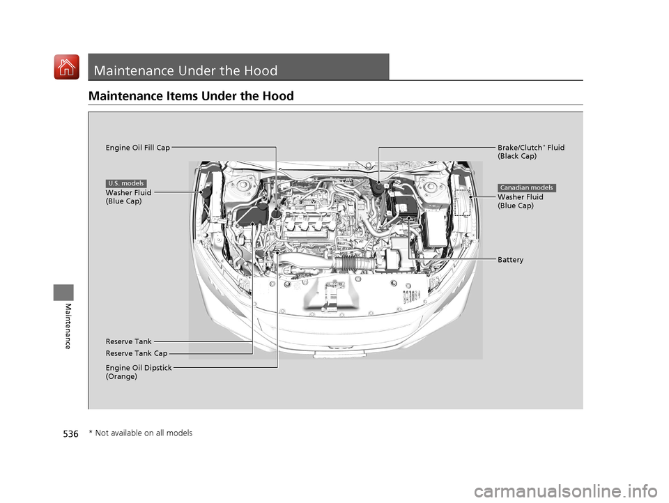 HONDA CIVIC HATCHBACK 2017 10.G Owners Manual 536
Maintenance
Maintenance Under the Hood
Maintenance Items Under the Hood
Brake/Clutch* Fluid 
(Black Cap)
Reserve Tank Washer Fluid 
(Blue Cap)
Engine Oil Dipstick 
(Orange) Engine Oil Fill Cap Bat