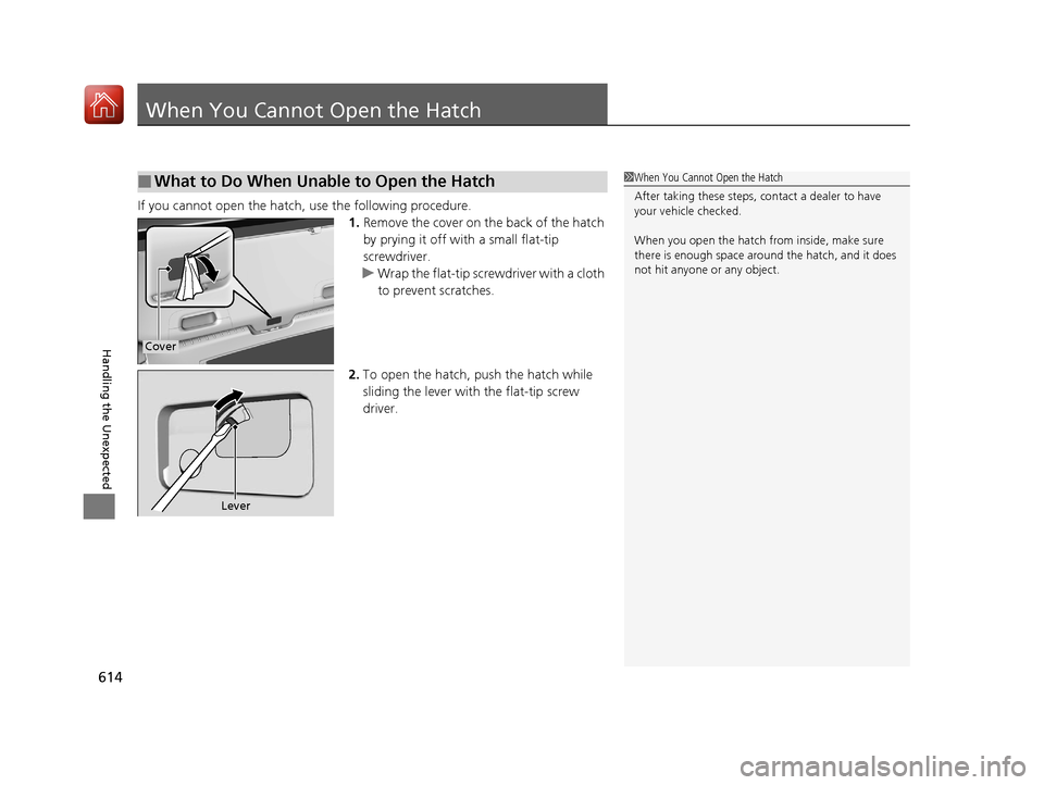 HONDA CIVIC HATCHBACK 2017 10.G Owners Manual 614
Handling the Unexpected
When You Cannot Open the Hatch
If you cannot open the hatch, use the following procedure.1.Remove the cover on the back of the hatch
by prying it off with a small flat-tip HONDA CIVIC HATCHBACK 2017 10.G Owners Manual 614
Handling the Unexpected
When You Cannot Open the Hatch
If you cannot open the hatch, use the following procedure.1.Remove the cover on the back of the hatch
by prying it off with a small flat-tip