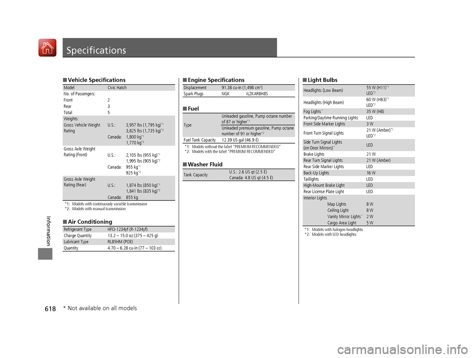 HONDA CIVIC HATCHBACK 2017 10.G Owners Manual 618
Information
Specifications
■Vehicle Specifications
*1: Models with continuously variable transmission
*2: Models with manual transmission
■Air Conditioning
ModelCivic Hatch
No. of Passengers:
