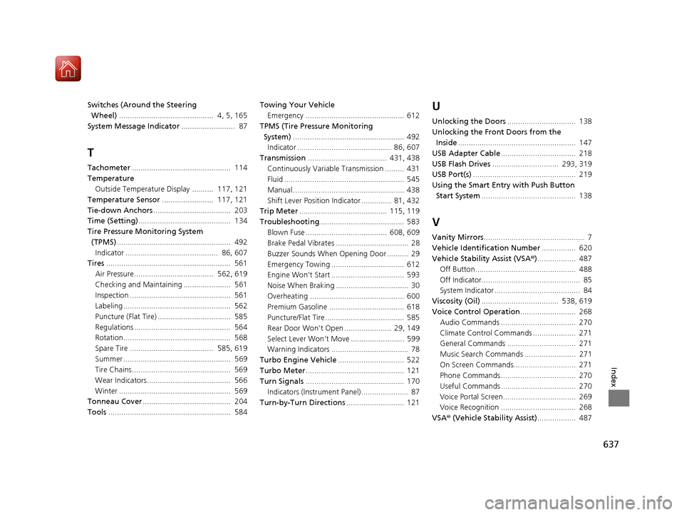 HONDA CIVIC HATCHBACK 2017 10.G Owners Manual 637
Index
Switches (Around the Steering Wheel) ............................................  4, 5, 165
System Message Indicator .........................  87
T
Tachometer..............................