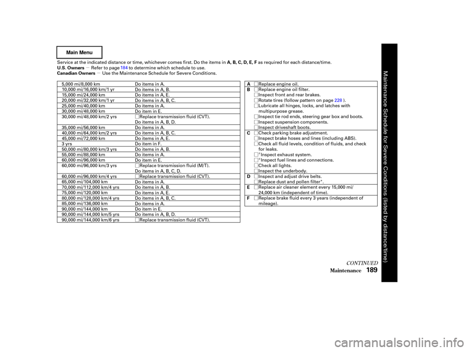 HONDA CIVIC HYBRID 2003 7.G Owners Manual µµ
Ø
Ø
Ø
Ø Ø
Ø
Ø
Ø
Ø
Ø
Ø
Ø
Ø
Ø
Ø
Ø
Ø
Ø
Ø
Ø
Ø
Ø
Ø
Ì
Ì
Î
CONT INUED
Maint enance189
U.S. Owners
Canadian Owners A, B, C, D, E, F
A
B
C
D
E
F
Refer