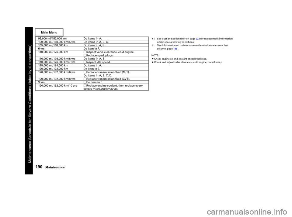 HONDA CIVIC HYBRID 2003 7.G Owners Manual Ø
Ø
Ø
Ø
Ø
Ø
Ø
Î
Ì
Maint enance190
See dust and pollen filter on page for replacement information
under special driving conditions.
See information on maintenance and emissions warran