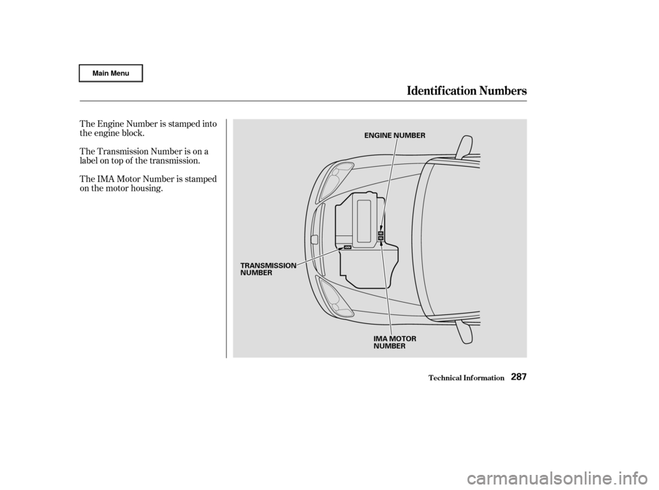 HONDA CIVIC HYBRID 2003 7.G Owners Manual The Engine Number is stamped into
the engine block.
The Transmission Number is on a
label on top of the transmission.
The IMA Motor Number is stamped
on the motor housing.
Identif ication Numbers
T ec