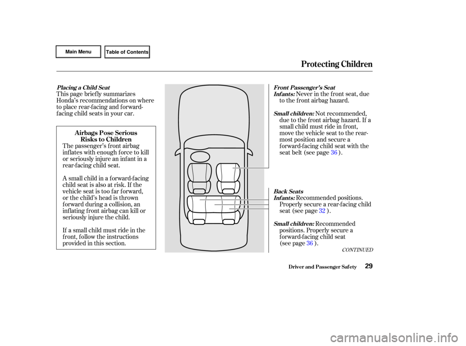 HONDA CIVIC HYBRID 2003 7.G Owners Guide This page brief ly summarizes
Honda’s recommendations on where
to place rear-facing and forward-
f acing child seats in your car.Never in the f ront seat, due
to the f ront airbag hazard.
The passen HONDA CIVIC HYBRID 2003 7.G Owners Guide This page brief ly summarizes
Honda’s recommendations on where
to place rear-facing and forward-
f acing child seats in your car.Never in the f ront seat, due
to the f ront airbag hazard.
The passen