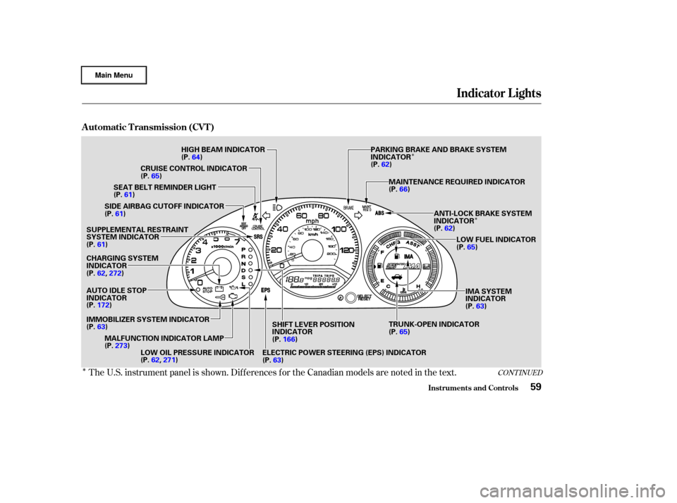 HONDA CIVIC HYBRID 2003 7.G Owners Manual Î
Î
Î
The U.S. instrument panel is shown. Dif f erences f or the Canadian models are noted in the text.CONT INUED
Indicator L ights
Inst rument s and Cont rols
Automatic Transmission (CVT)
59
HI