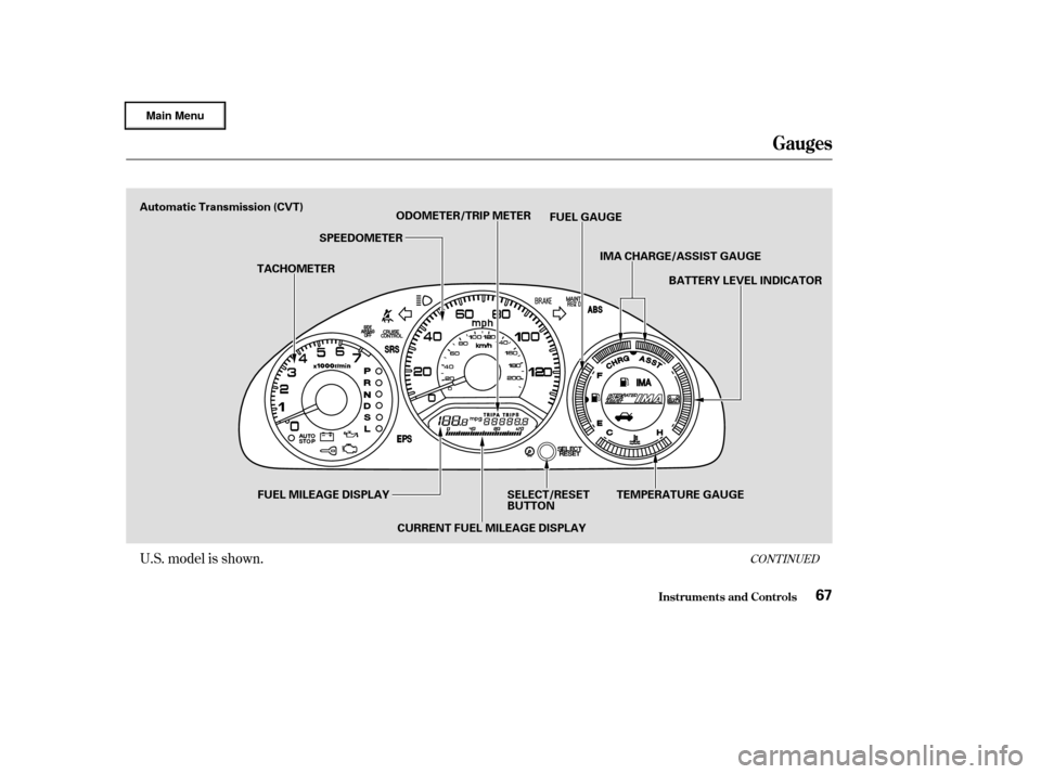 HONDA CIVIC HYBRID 2003 7.G Owners Manual CONT INUEDU.S. model is shown.
Gauges
Inst rument s and Cont rols67
Automatic Transmission (CVT)TACHOMETERSPEEDOMETER
ODOMETER/TRIP METER
FUEL GAUGE
IMA CHARGE/ASSIST GAUGE BATTERY LEVEL INDICATOR
FUE
