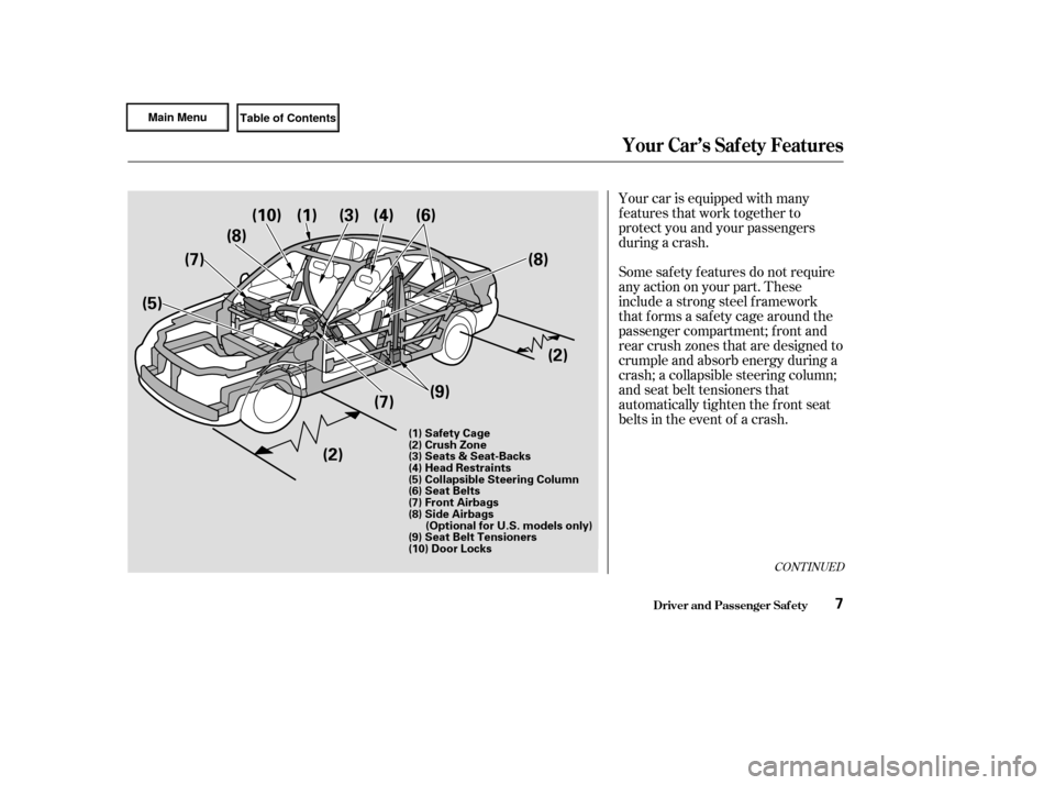 HONDA CIVIC HYBRID 2003 7.G Owners Manual Your car is equipped with many
features that work together to
protect you and your passengers
during a crash.
Some saf ety f eatures do not require
anyactiononyourpart.These
include a strong steel f r
