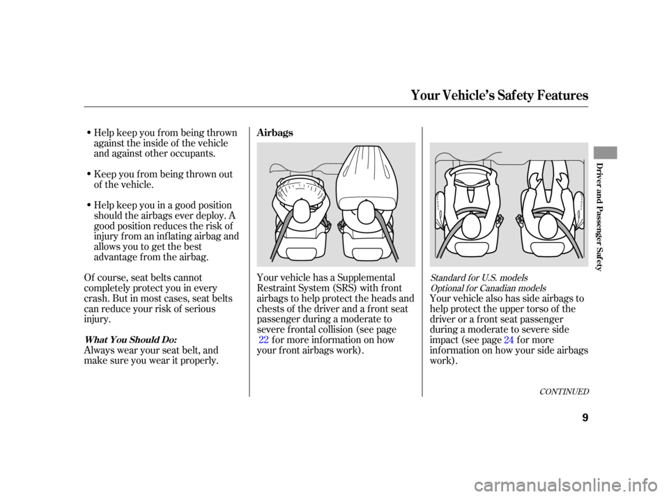 HONDA CIVIC HYBRID 2005 7.G User Guide Help keep you f rom being thrown
against the inside of the vehicle
and against other occupants.
Keep you f rom being thrown out
of the vehicle.
Help keep you in a good position
should the airbags ever