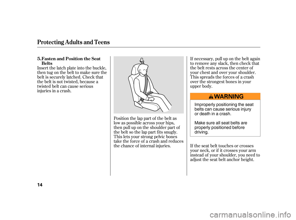 HONDA CIVIC HYBRID 2005 7.G User Guide If necessary, pull up on the belt again
to remove any slack, then check that
the belt rests across the center of
your chest and over your shoulder.
This spreads the f orces of a crash
over the stronge