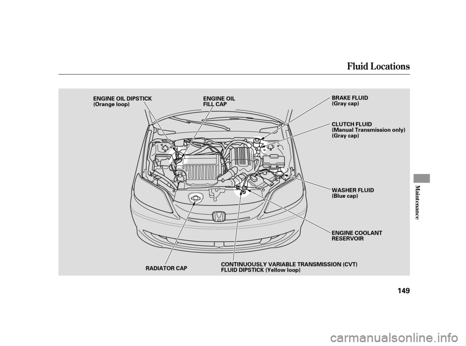 HONDA CIVIC HYBRID 2005 7.G User Guide Fluid Locations
Maint enance
149
RADIATOR CAP
ENGINE OIL DIPSTICK
(Orange loop)
ENGINE OIL
FILL CAP
CONTINUOUSLY VARIABLE TRANSMISSION (CVT)
FLUID DIPSTICK (Yellow loop) BRAKE FLUID
(Gray cap)
WASHER 