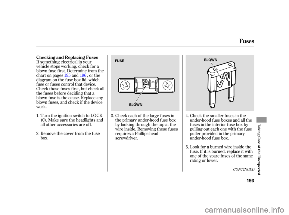 HONDA CIVIC HYBRID 2005 7.G Owners Manual Look f or a burned wire inside the
f use. If it is burned, replace it with
one of the spare f uses of the same
rating or lower.
Turn the ignition switch to LOCK
(0). Make sure the headlights and
all o