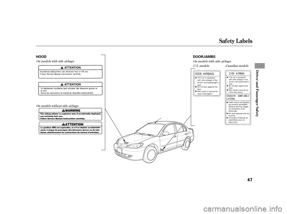 HONDA CIVIC HYBRID 2005 7.G Service Manual On models without side airbags
On models with side airbags
On models with side airbags
U.S. models Canadian models
Saf ety L abels
Driver and Passenger Saf ety
47
HOOD
DOORJAMBS 