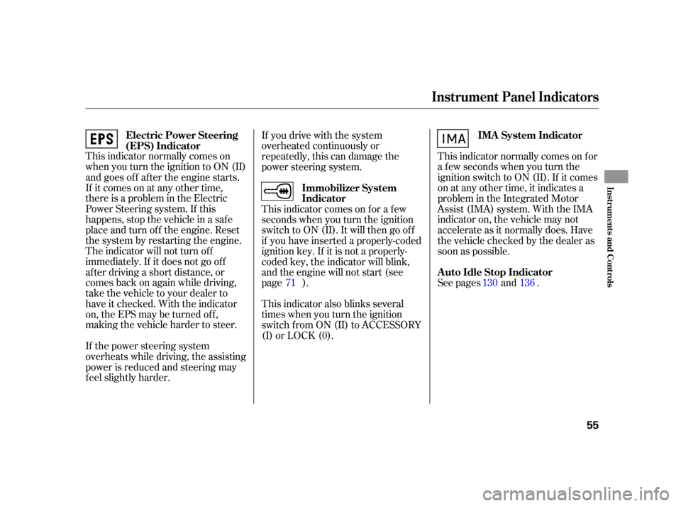 HONDA CIVIC HYBRID 2005 7.G Workshop Manual This indicator normally comes on
when you turn the ignition to ON (II)
and goes off after the engine starts.
If it comes on at any other time,
there is a problem in the Electric
Power Steering system.