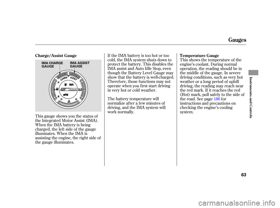 HONDA CIVIC HYBRID 2005 7.G Repair Manual If the IMA battery is too hot or too
cold, the IMA system shuts down to
protect the battery. This disables the
IMA assist and Auto Idle Stop, even
though the Battery Level Gauge may
show that the batt