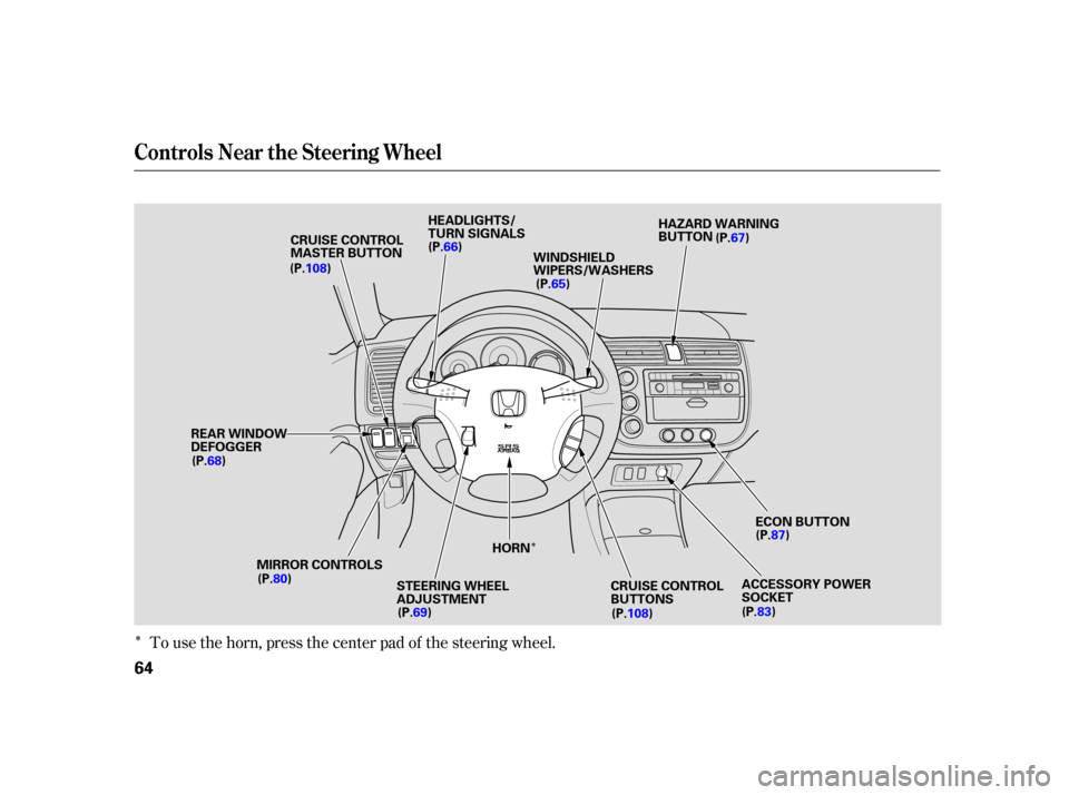 HONDA CIVIC HYBRID 2005 7.G Owners Manual Î
ÎTo use the horn, press the center pad of the steering wheel.
Controls Near the Steering Wheel
64
MIRROR CONTROLSHEADLIGHTS/
TURN SIGNALS
WINDSHIELD
WIPERS/WASHERS
REAR WINDOW
DEFOGGER ECON BUTT
