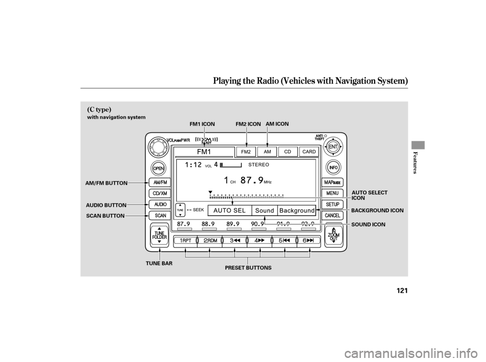 HONDA CIVIC HYBRID 2006 8.G Owners Manual Playing the Radio (Vehicles with Navigation System)
Features
(C type)
121
AM/FM BUTTONAUDIO BUTTONSCAN BUTTON BACKGROUND ICON
SOUND ICON
AM ICON
TUNE BAR FM1 ICON FM2 ICON
PRESET BUTTONS AUTO SELECT
I