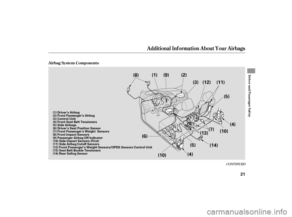 HONDA CIVIC HYBRID 2006 8.G Owners Manual CONT INUED
A irbag System Components
Additional Inf ormation About Your Airbags
Driver and Passenger Saf ety
21
(9)
(8) (1) (2)
(3) (11)
(5)
(4)
(13) (7)
(10)
(14)
(5)
(4)
(6)
(10) (12)
(1) Driver’s HONDA CIVIC HYBRID 2006 8.G Owners Manual CONT INUED
A irbag System Components
Additional Inf ormation About Your Airbags
Driver and Passenger Saf ety
21
(9)
(8) (1) (2)
(3) (11)
(5)
(4)
(13) (7)
(10)
(14)
(5)
(4)
(6)
(10) (12)
(1) Driver’s