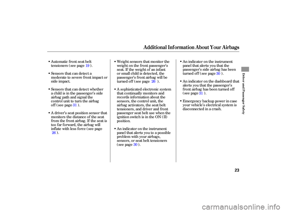 HONDA CIVIC HYBRID 2006 8.G Owners Manual Sensors that can detect a
moderate to severe front impact or
side impact.An indicator on the instrument
panel that alerts you that the
passenger’s side airbag h
as been
turned off (see page ).
An in