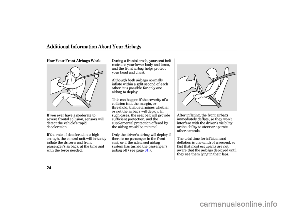 HONDA CIVIC HYBRID 2006 8.G Owners Manual The total  time  for inflation  and
deflation  is one-tenth  of a second,  so
fast  that  most  occupants  are not
aware  that the airbags  deployed  until
they  see them  lying in their  laps.
After 