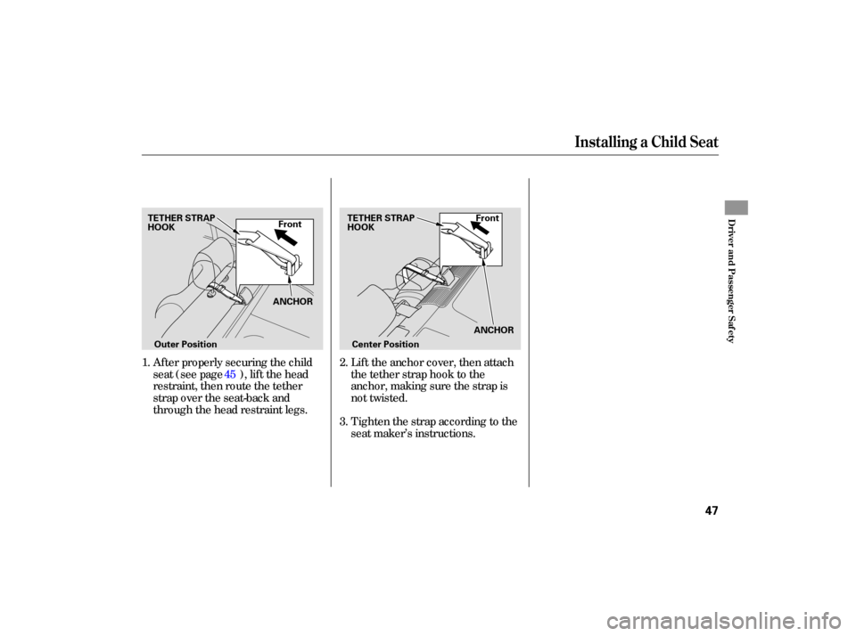 HONDA CIVIC HYBRID 2006 8.G Owners Manual After properly  securing  the child
seat  (see  page  ), lift  the  head
restraint, then route the tether
strap over the seat-back and
through the head restraint legs. Lift the anchor cover, then atta