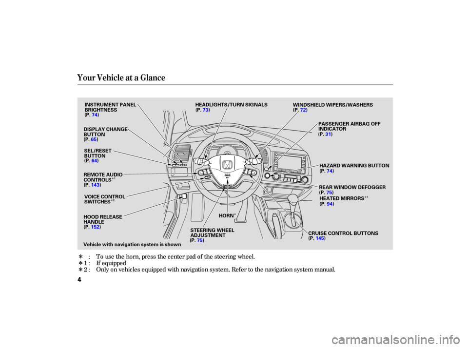 HONDA CIVIC HYBRID 2006 8.G Owners Manual Î
Î
Î
ÎÎ
Î
Î
Only 
on vehicles  equipped  with navigation  system. Refer to the  navigation  system manual.
To 
use  the horn,  press  the center  pad of the  steering  wheel.
:
1:
2: If