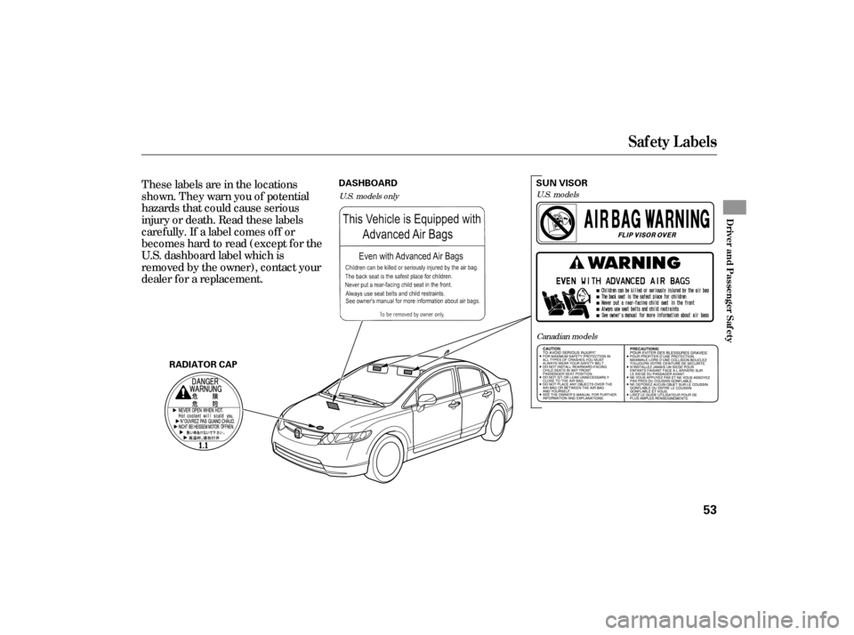 HONDA CIVIC HYBRID 2006 8.G Owners Manual These labels are in the locations
shown. They warn you of potential
hazards that could cause serious
injury or death. Read these labels
caref ully. If a label comes of f or
becomeshardtoread(exceptfor