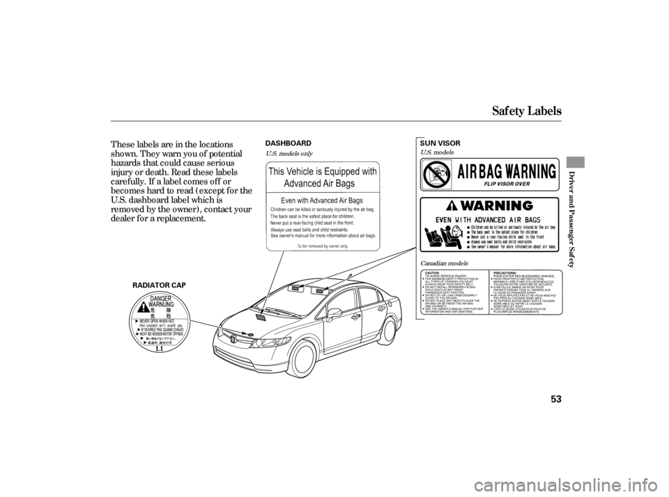 HONDA CIVIC HYBRID 2006 8.G Workshop Manual These labels are in the locations
shown. They warn you of potential
hazards that could cause serious
injury or death. Read these labels
caref ully. If a label comes of f or
becomeshardtoread(exceptfor