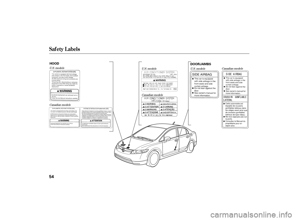HONDA CIVIC HYBRID 2006 8.G Workshop Manual Canadian models
U.S. models
U.S. models
Canadian models Canadian models
U.S. models
Saf ety L abels
54
HOOD
DOORJAMBS
——y
y
(#yy 