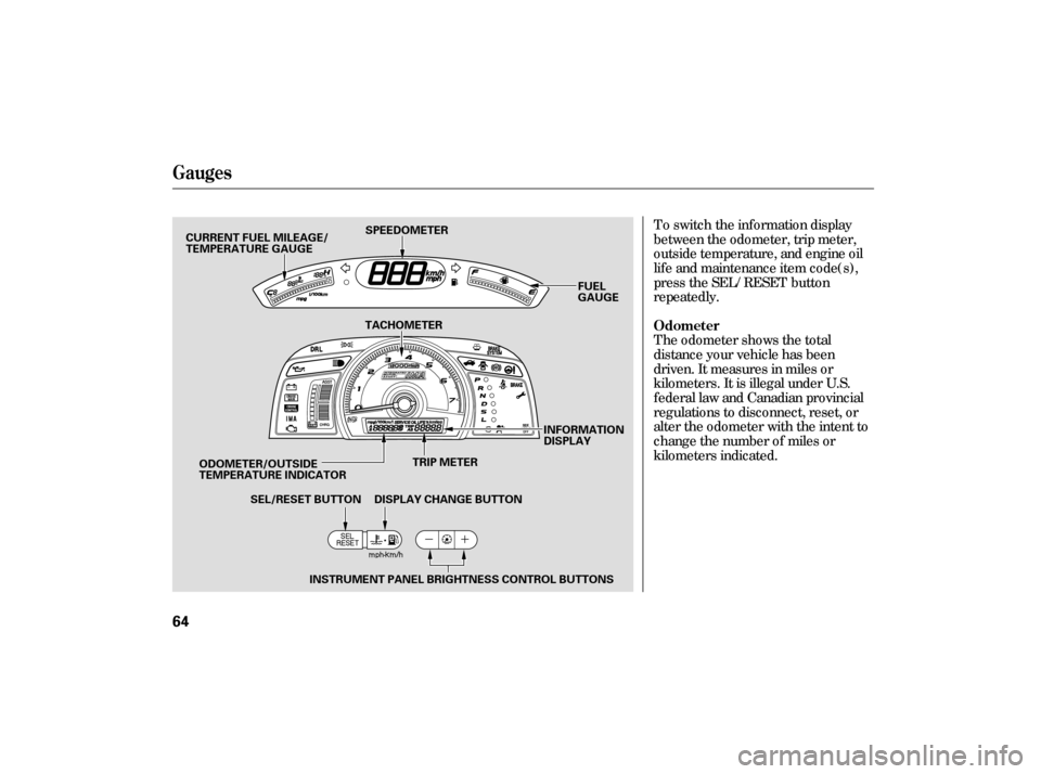 HONDA CIVIC HYBRID 2006 8.G Owners Manual To switch the information display
between the odometer, trip meter,
outside temperature, and engine oil
lif e and maintenance item code(s),
press the SEL/RESET button
repeatedly.
The odometer shows th