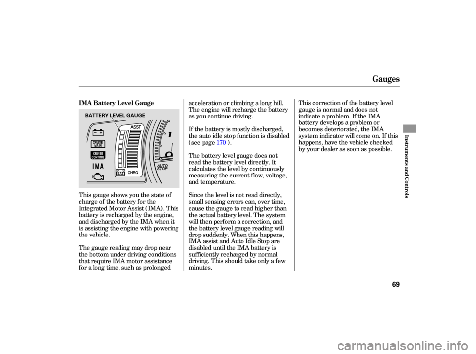 HONDA CIVIC HYBRID 2006 8.G Owners Manual This gauge  shows  you the state  of
charge  of the  battery  for the
Integrated  Motor Assist (IMA).  This
battery  is recharged  by the  engine,
anddischargedbytheIMAwhenit
is  assi sting  the engin