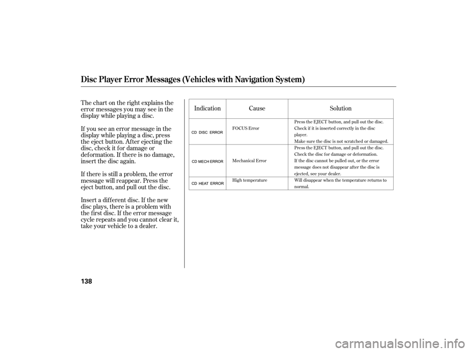 HONDA CIVIC HYBRID 2007 8.G Owners Manual Indication CauseSolution
Thechartontherightexplainsthe
error messages you may see in the
display while playing a disc.
If you see an error message in the
display while playing a disc, press
the eject 