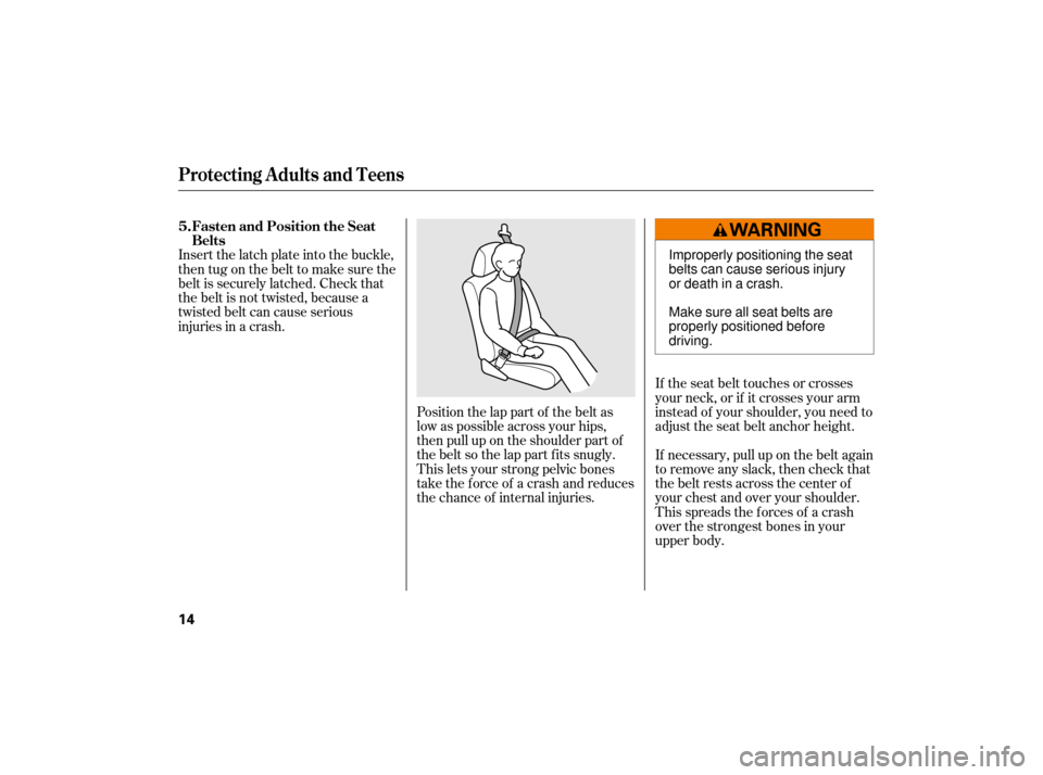 HONDA CIVIC HYBRID 2007 8.G Owners Manual Position the lap part of the belt as
low as possible across your hips,
then pull up on the shoulder part of
the belt so the lap part f its snugly.
This lets your strong pelvic bones
take the force of 