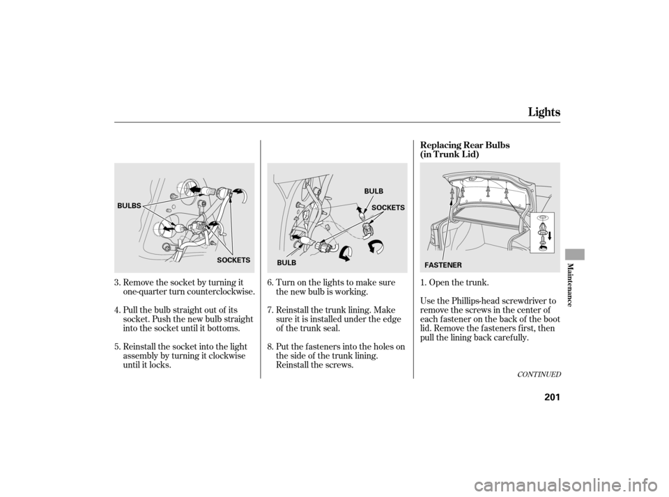 HONDA CIVIC HYBRID 2007 8.G Owners Manual Remove the socket by turning it
one-quarter turn counterclockwise.
Pull the bulb straight out of its
socket. Push the new bulb straight
into the socket until it bottoms.
Reinstall the socket into the HONDA CIVIC HYBRID 2007 8.G Owners Manual Remove the socket by turning it
one-quarter turn counterclockwise.
Pull the bulb straight out of its
socket. Push the new bulb straight
into the socket until it bottoms.
Reinstall the socket into the
