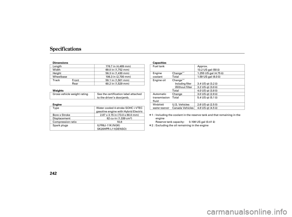 HONDA CIVIC HYBRID 2007 8.G Owners Manual Î
Î
Î
Î
Specif ications
242
Dimensions
Weights
EngineCapacities
176.7 in (4,489 mm)
69.0 in (1,752 mm)
56.3 in (1,430 mm)
106.3 in (2,700 mm)
59.1 in (1,501 mm)
60.2 in (1,529 mm)
2.87 x 3.15 