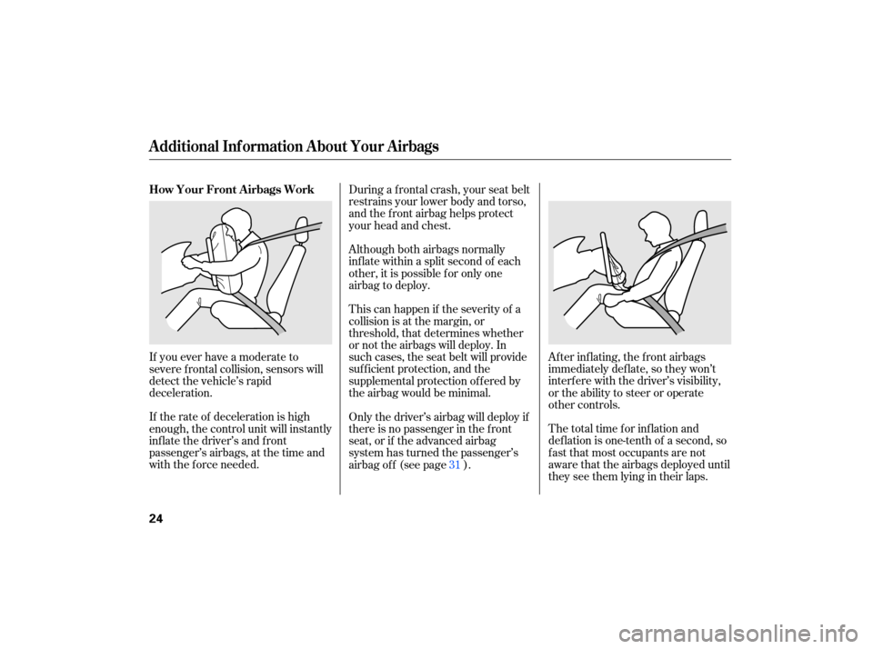 HONDA CIVIC HYBRID 2007 8.G Owners Manual The total  time  for inflation  and
deflation  is one-tenth  of a second,  so
fast  that  most  occupants  are not
aware  that the airbags  deployed  until
they  see them  lying in their  laps.
After 