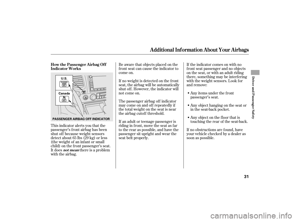 HONDA CIVIC HYBRID 2007 8.G Owners Manual This indicator alerts you that the
passenger’s f ront airbag has been
shut of f because weight sensors
detect about 65 lbs (29 kg) or less
(the weight of an inf ant or small
child) on the f ront pas