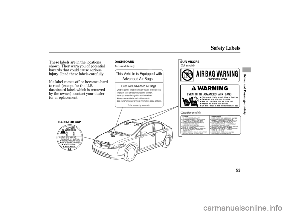 HONDA CIVIC HYBRID 2007 8.G Owners Manual These labels are in the locations
shown. They warn you of potential
hazards that could cause serious
injury. Read these labels caref ully.
If a label comes of f or becomes hard
to read (except for the