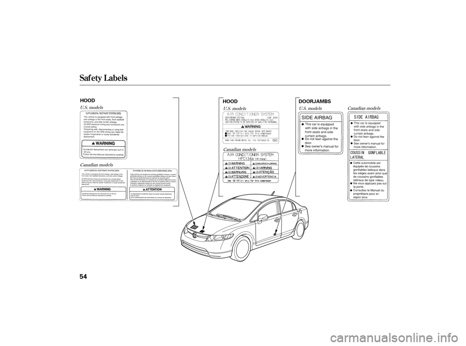HONDA CIVIC HYBRID 2007 8.G Workshop Manual Canadian models
U.S. models
U.S. models
Canadian models Canadian models
U.S. models
Saf ety L abels
54
HOOD
DOORJAMBS
HOOD 