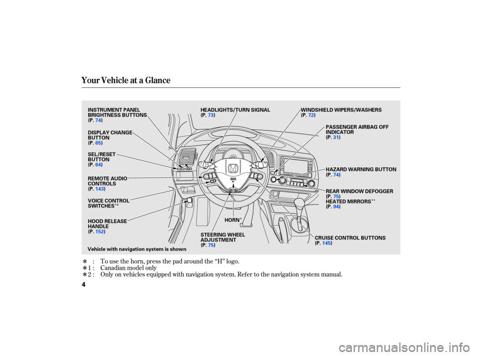 HONDA CIVIC HYBRID 2007 8.G Owners Manual Î
Î
Î
Î
Î
Î
Only 
on vehicles  equipped  with navigation  system. Refer to the  navigation  system manual.
To 
use  the horn,  press  the pad  around  the ‘‘H’’  logo.
:
1:
2: Cana