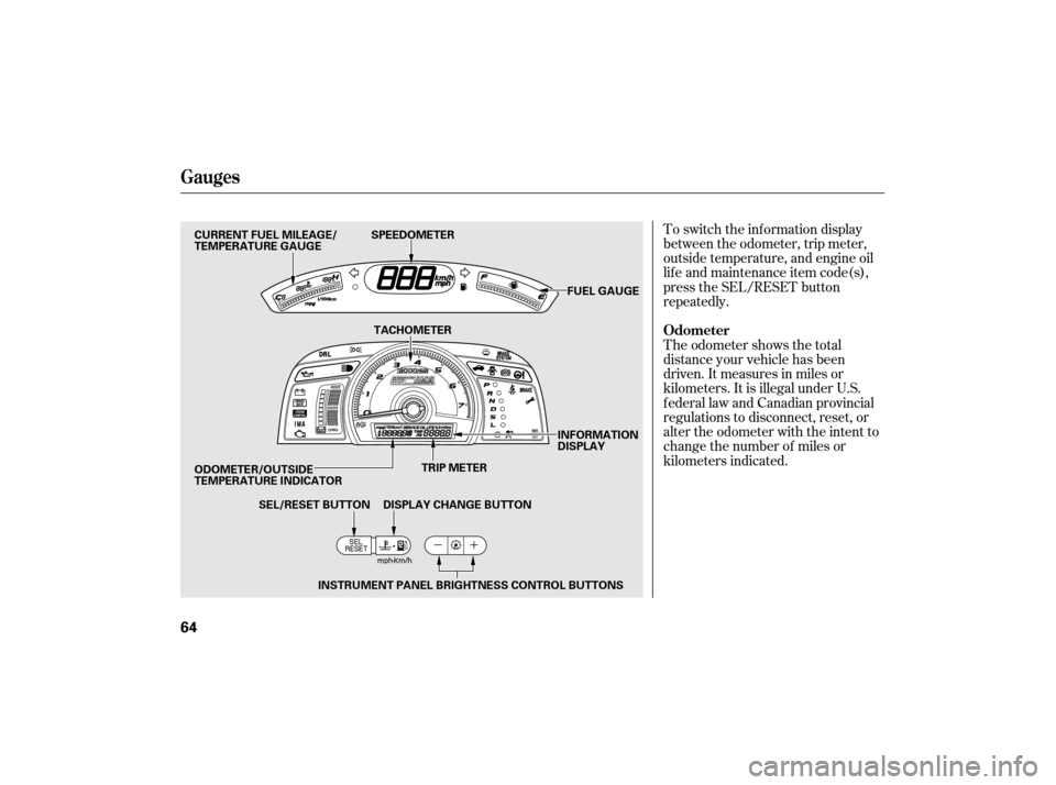 HONDA CIVIC HYBRID 2007 8.G Owners Manual To switch the information display
between the odometer, trip meter,
outside temperature, and engine oil
lif e and maintenance item code(s),
press the SEL/RESET button
repeatedly.
The odometer shows th